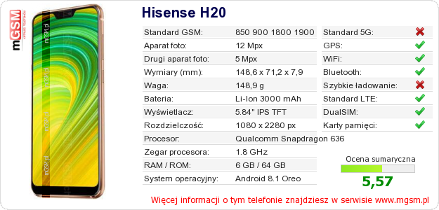 Dane telefonu Hisense H20