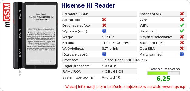 Dane telefonu Hisense Hi Reader Dane telefonu Hisense Hi Reader