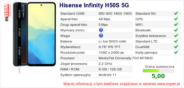 Dane telefonu Hisense Infinity H50S 5G