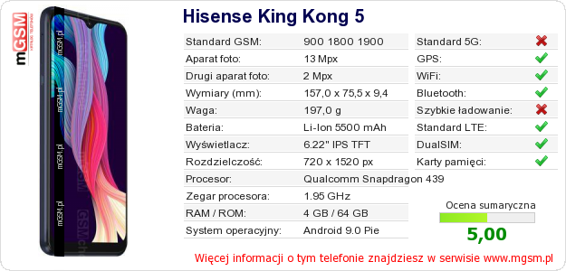 Dane telefonu Hisense King Kong 5 Dane telefonu Hisense King Kong 5