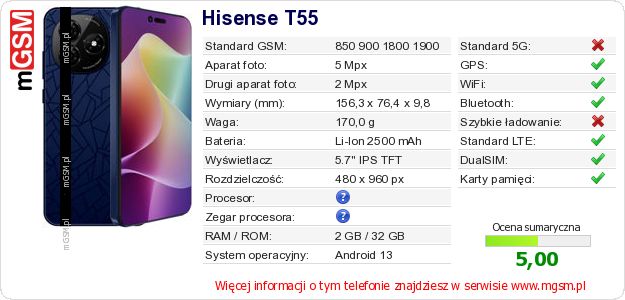 Dane telefonu Hisense T55