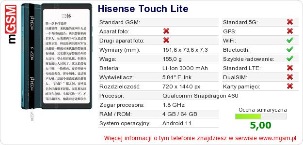 Dane telefonu Hisense Touch Lite Dane telefonu Hisense Touch Lite