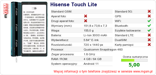 Dane telefonu Hisense Touch Lite