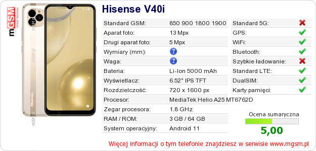 Dane telefonu Hisense V40i Dane telefonu Hisense V40i