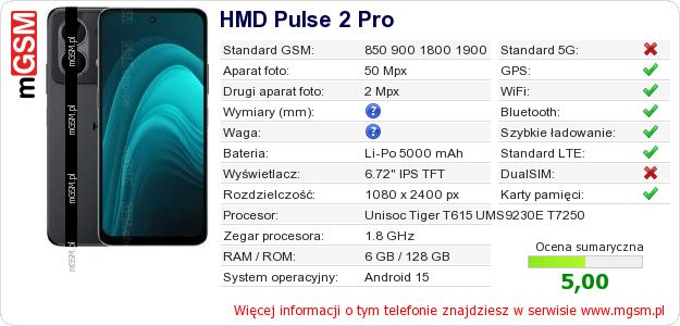 Dane telefonu HMD Pulse 2 Pro Dane telefonu HMD Pulse 2 Pro