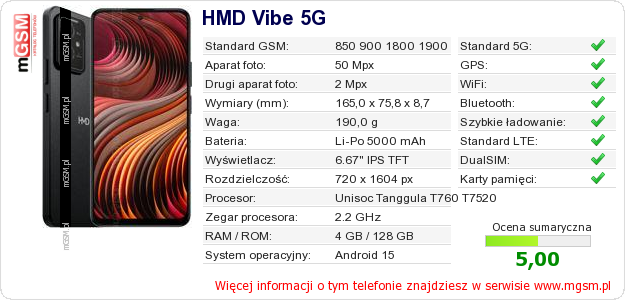 Dane telefonu HMD Vibe 5G