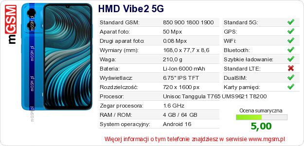Dane telefonu HMD Vibe2 5G