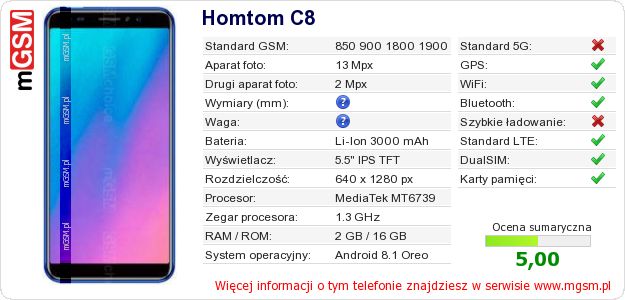 Dane telefonu Homtom C8