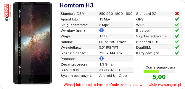 Dane telefonu Homtom H3