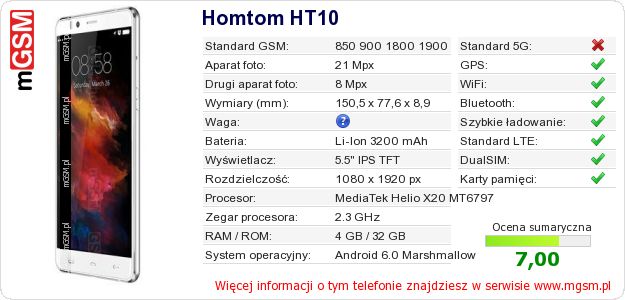 Dane telefonu Homtom HT10