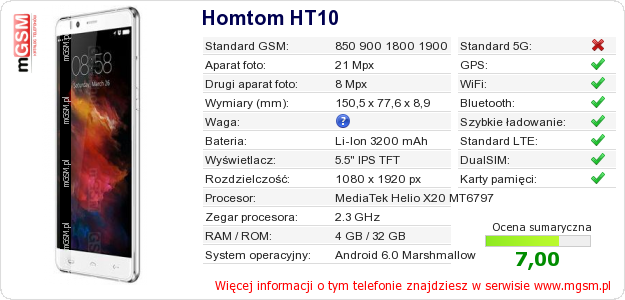 Dane telefonu Homtom HT10