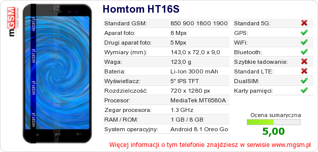 Dane telefonu Homtom HT16S