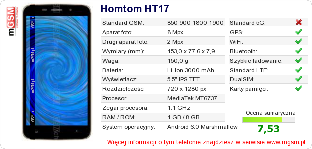 Dane telefonu Homtom HT17