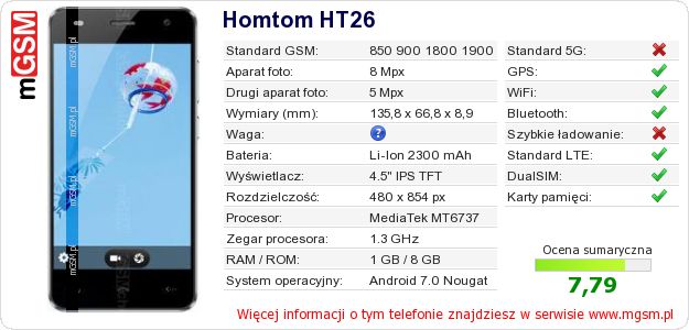 Dane telefonu Homtom HT26