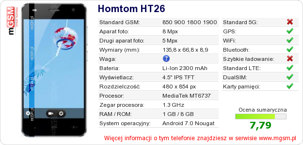 Dane telefonu Homtom HT26 Dane telefonu Homtom HT26