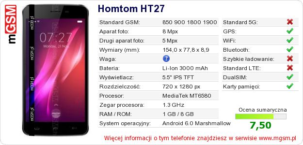 Dane telefonu Homtom HT27