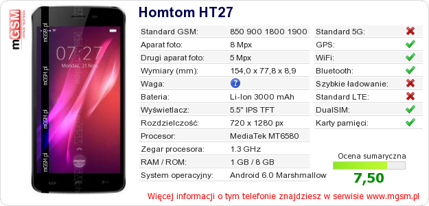 Dane telefonu Homtom HT27