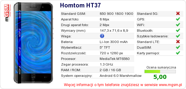 Dane telefonu Homtom HT37