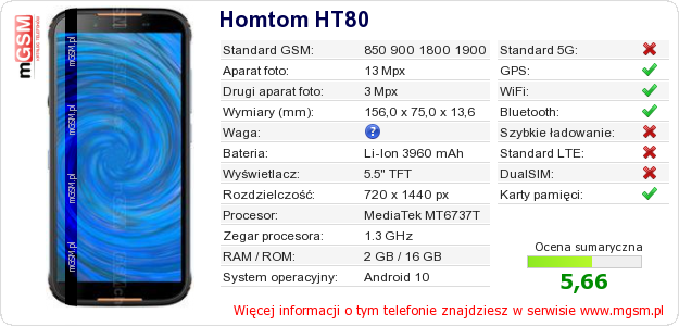 Dane telefonu Homtom HT80