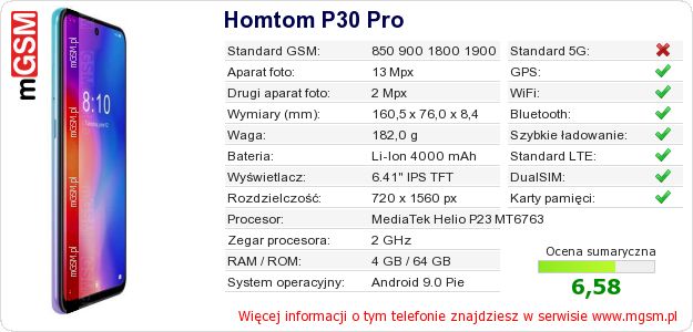 Dane telefonu Homtom P30 Pro