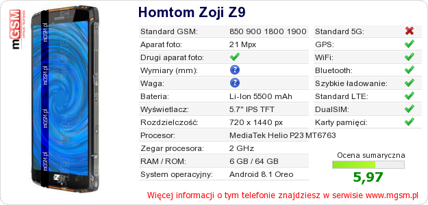 Dane telefonu Homtom Zoji Z9