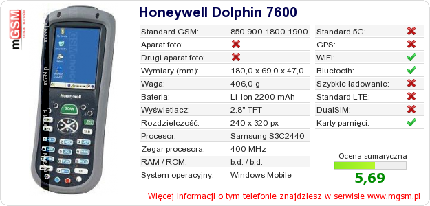 Dane telefonu Honeywell Dolphin 7600