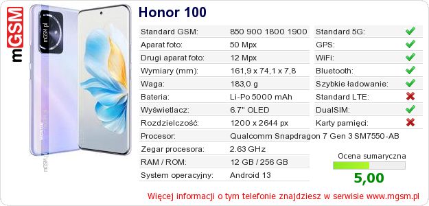 Dane telefonu Honor 100