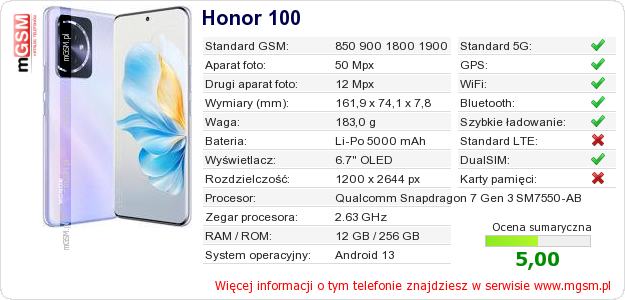 Dane telefonu Honor 100