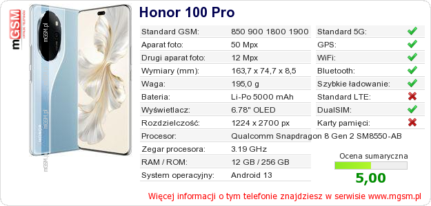 Dane telefonu Honor 100 Pro