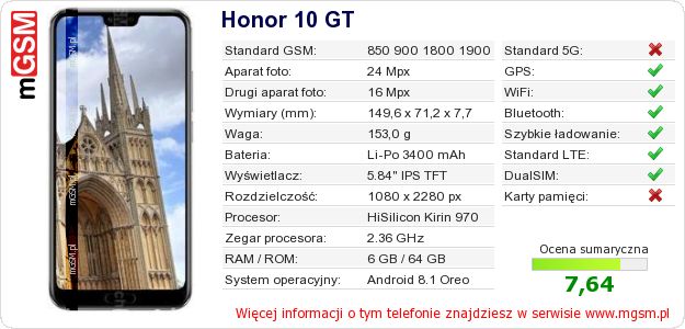 Dane telefonu Honor 10 GT Dane telefonu Honor 10 GT