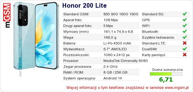 Dane telefonu Honor 200 Lite