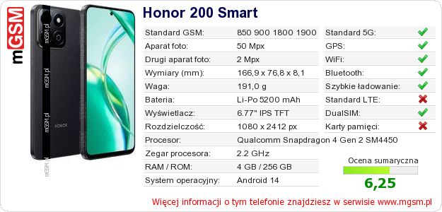 Dane telefonu Honor 200 Smart