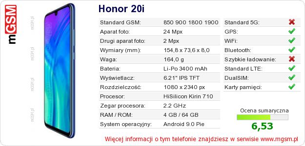 Dane telefonu Honor 20i Dane telefonu Honor 20i