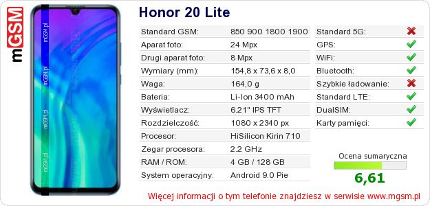 Dane telefonu Honor 20 Lite Dane telefonu Honor 20 Lite