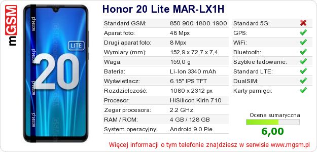 Dane telefonu Honor 20 Lite MAR-LX1H Dane telefonu Honor 20 Lite MAR-LX1H