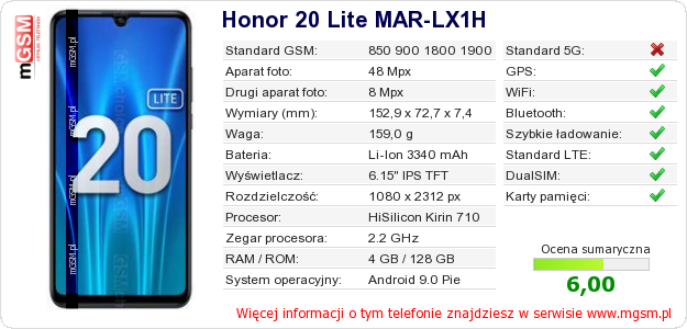 Dane telefonu Honor 20 Lite MAR-LX1H