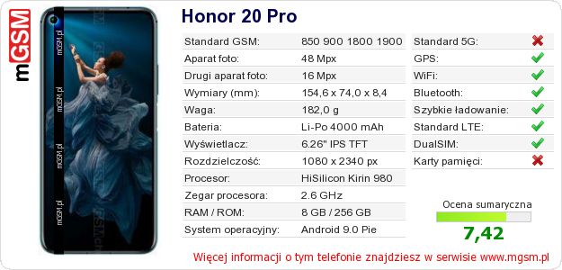 Dane telefonu Honor 20 Pro