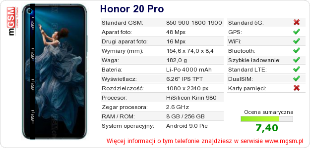 Dane telefonu Honor 20 Pro