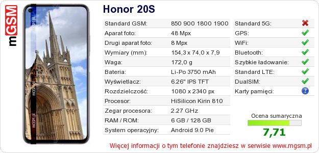 Dane telefonu Honor 20S