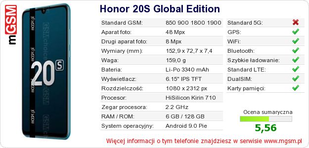 Dane telefonu Honor 20S Global Edition