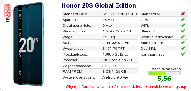 Dane telefonu Honor 20S Global Edition