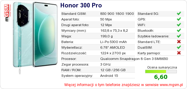 Dane telefonu Honor 300 Pro