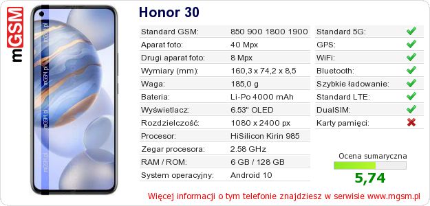 Dane telefonu Honor 30