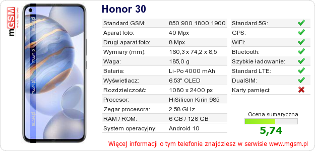 Dane telefonu Honor 30