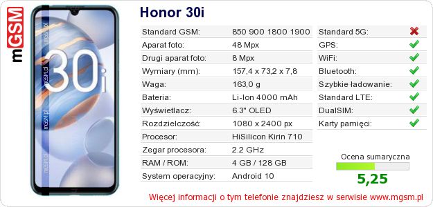 Dane telefonu Honor 30i