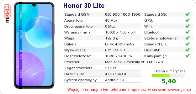 Dane telefonu Honor 30 Lite Dane telefonu Honor 30 Lite