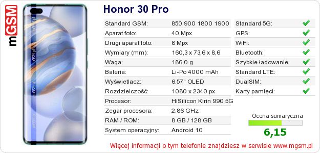 Dane telefonu Honor 30 Pro