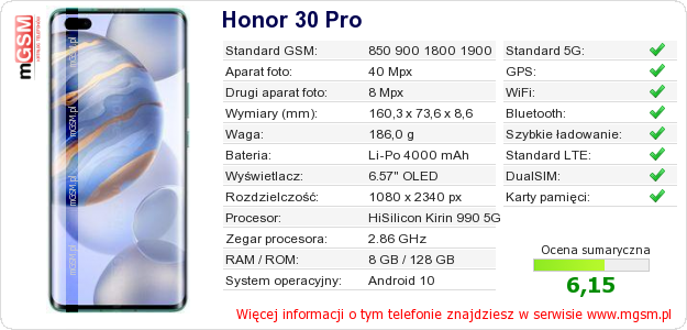 Dane telefonu Honor 30 Pro