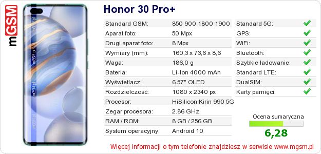 Dane telefonu Honor 30 Pro+ Dane telefonu Honor 30 Pro+