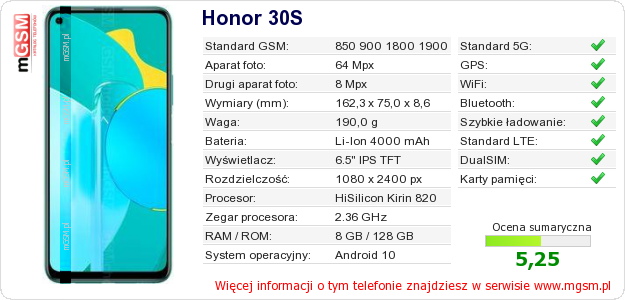 Dane telefonu Honor 30S